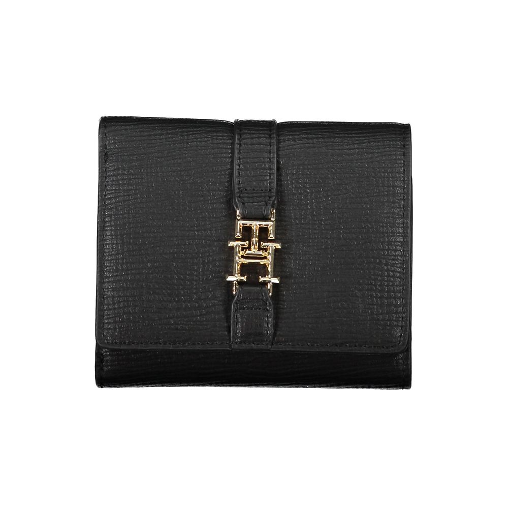 Black leather wallet with gold hardware