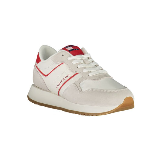 A woman's tennis shoe with a red stripe on the side, featuring a white upper and a tan sole