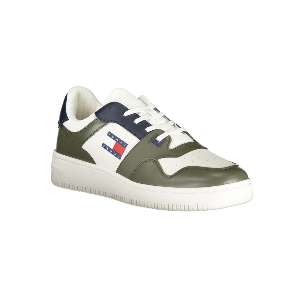 Green leather men's sneaker with white laces, blue accents and a red logo on the side