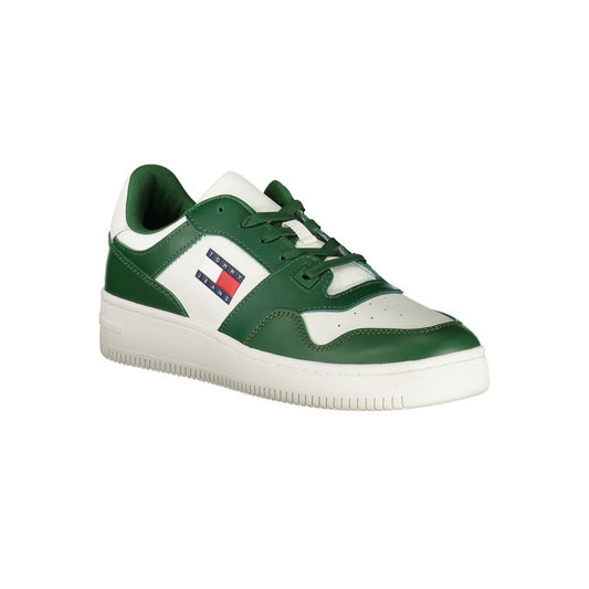 Green and white sneaker with red logo on side