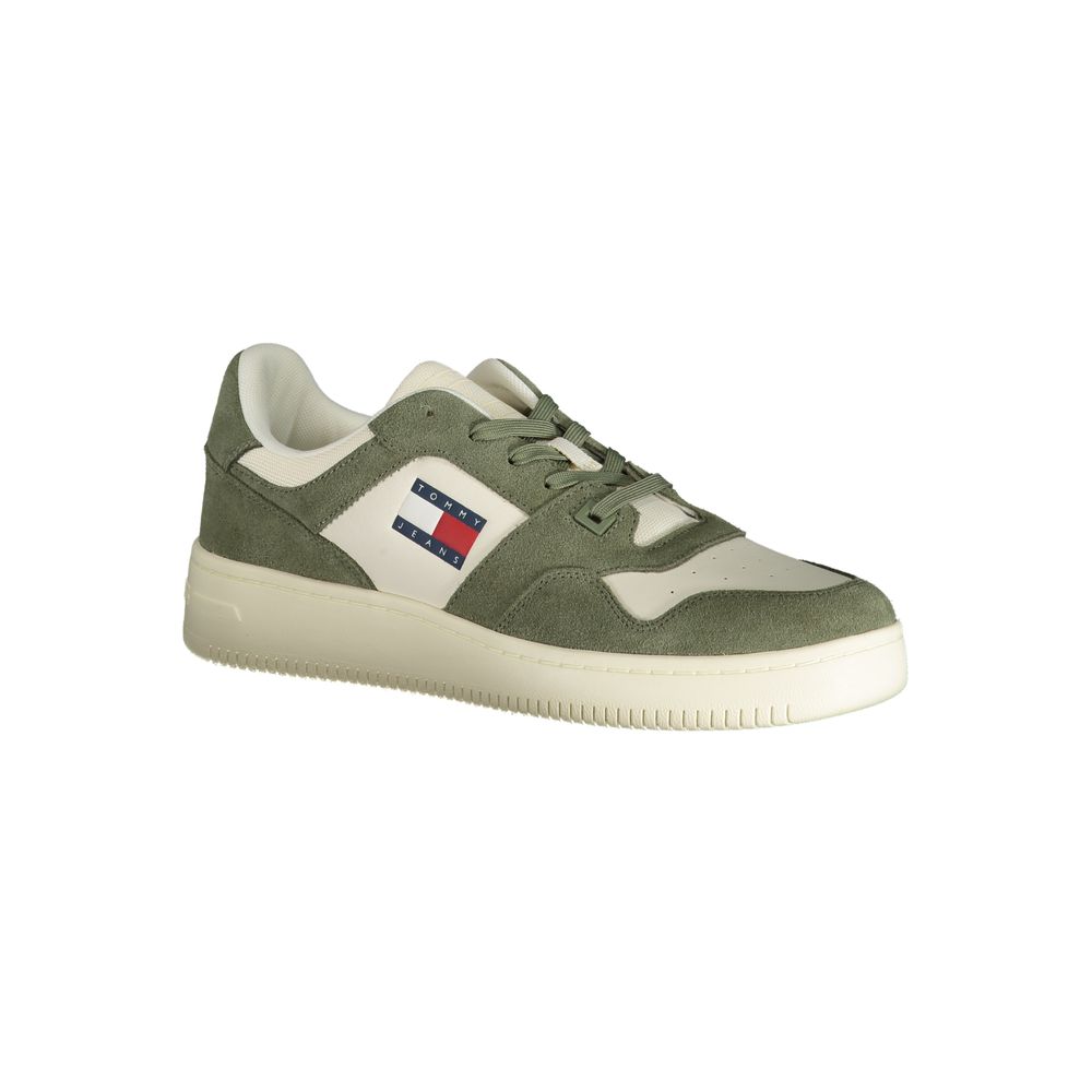 Green leather men's sneaker with white laces, logo on side and tongue, and a flat sole