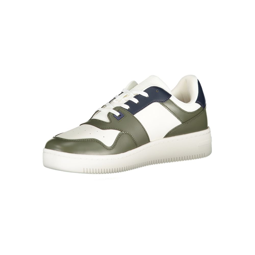 Green leather men's sneaker with white laces, featuring a blue stripe on the side and a white rubber sole