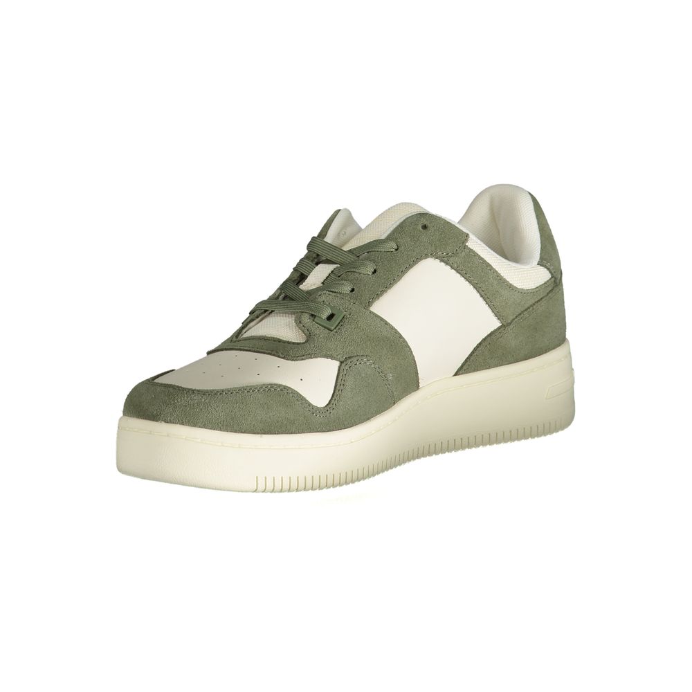 Green leather men's sneaker with white laces, featuring a chunky sole and a low-top design
