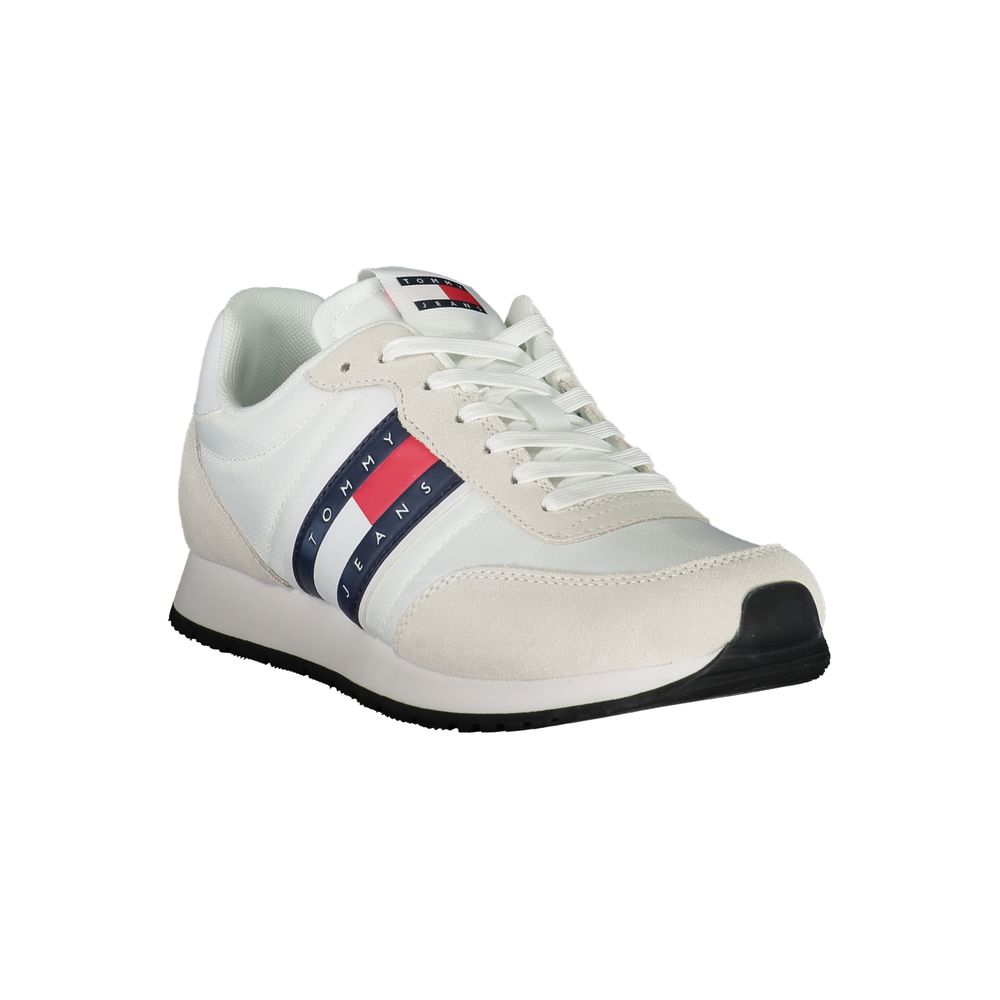 A white beige men's sneaker with red stripes, polyester upper and rubber sole