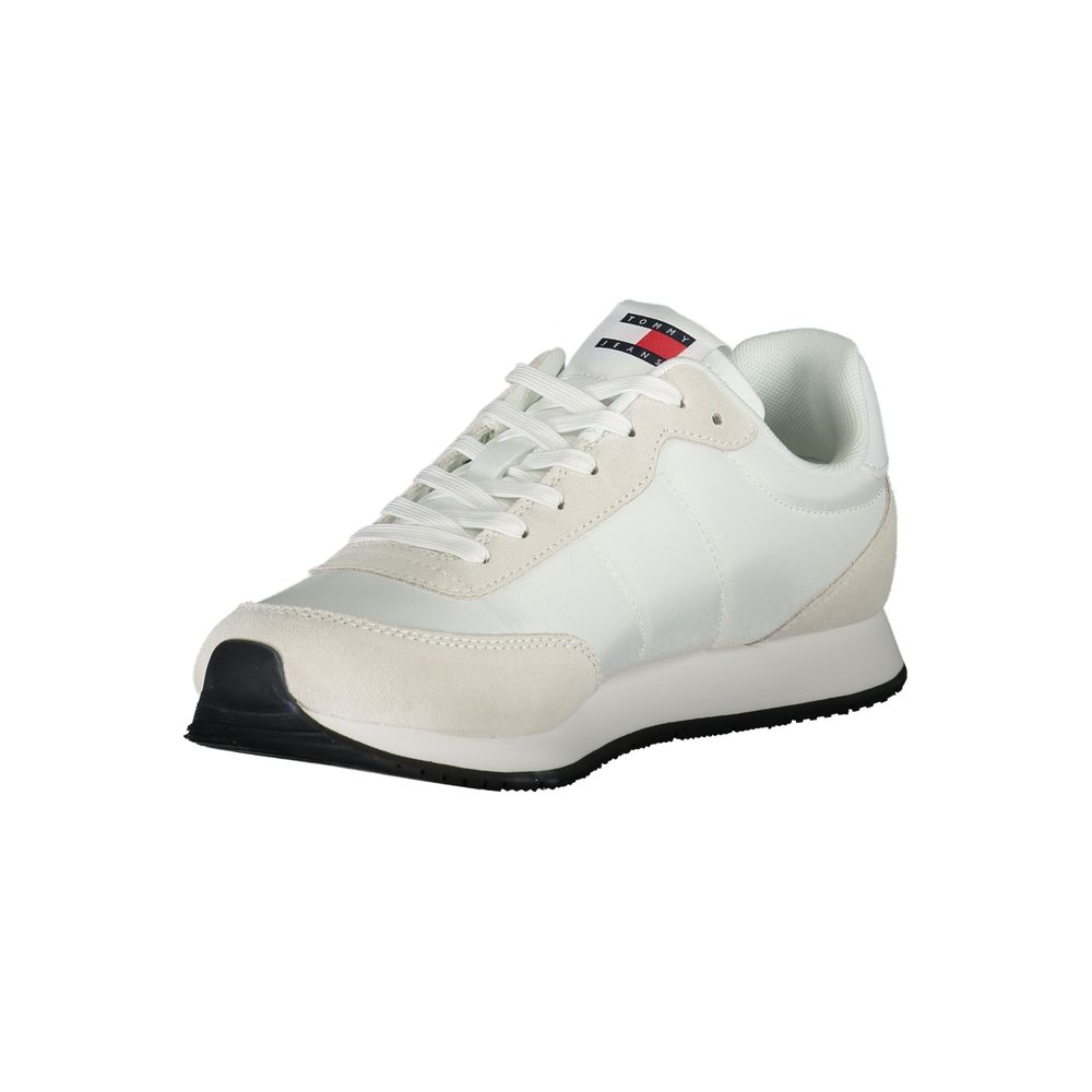 A white beige men's sneaker with a black sole, featuring a red logo on the side and laces