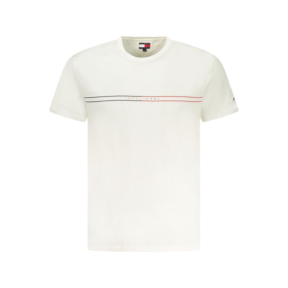 White short sleeve t-shirt with red and blue stripes on neckline