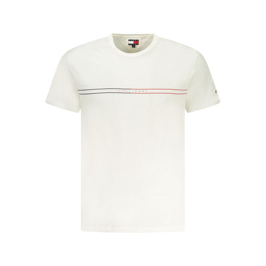 White short sleeve t-shirt with red and blue stripes on neckline