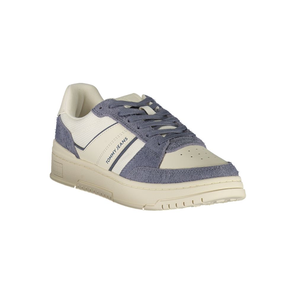 Blue and white men's sneaker with laces, featuring a white sole and a logo on the side