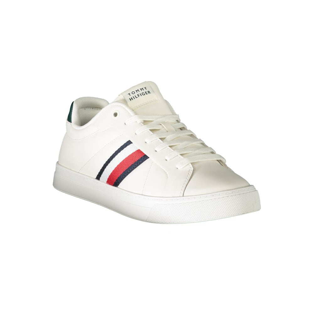 White sneaker with red stripes and black laces