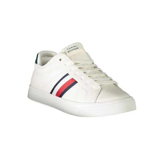 White sneaker with red stripes and black laces