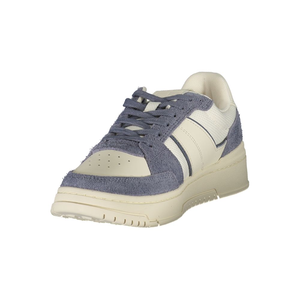Blue and white men's sneaker with laces, featuring a leather upper and rubber sole
