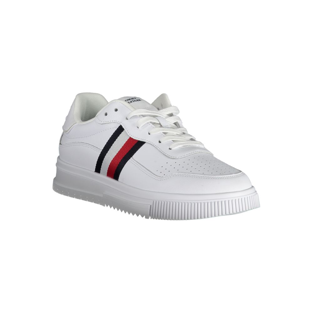 A white leather men's sneaker with red stripes, featuring a low-top design and a flat sole