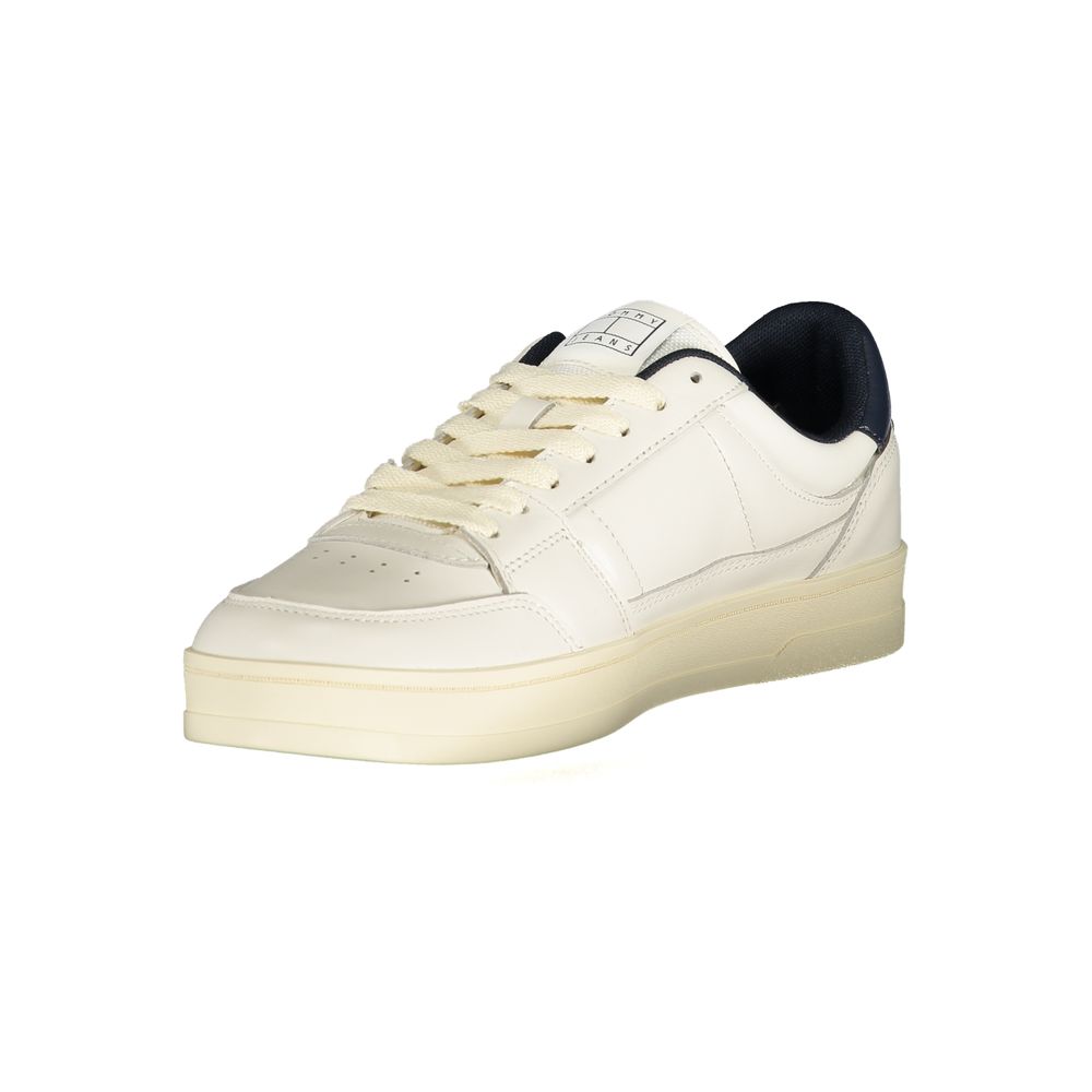 A white leather men's sneaker with a lace-up front, featuring a low top and a flat sole