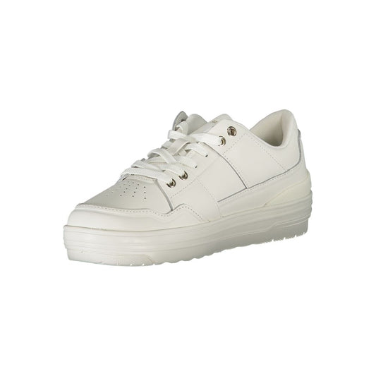 White sneaker with laces and gold accents