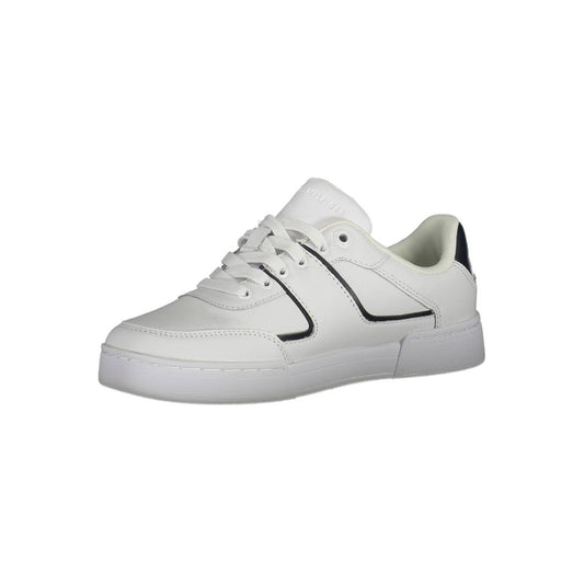 White sneaker with black laces and sole