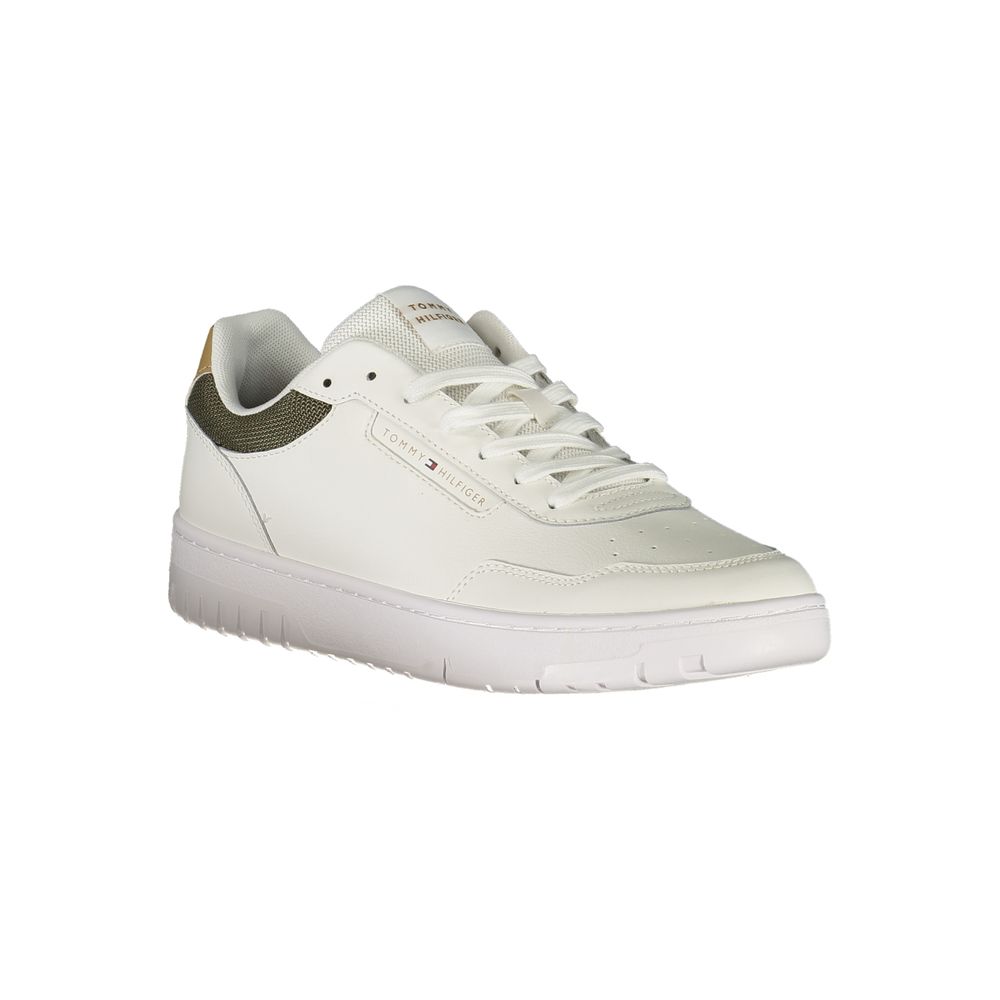A white men's sneaker with a lace-up front, featuring a textured side panel and a small logo on the tongue