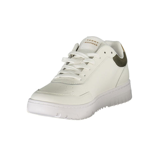 A white men's sneaker with a textured toe cap, lace-up closure and a low top design