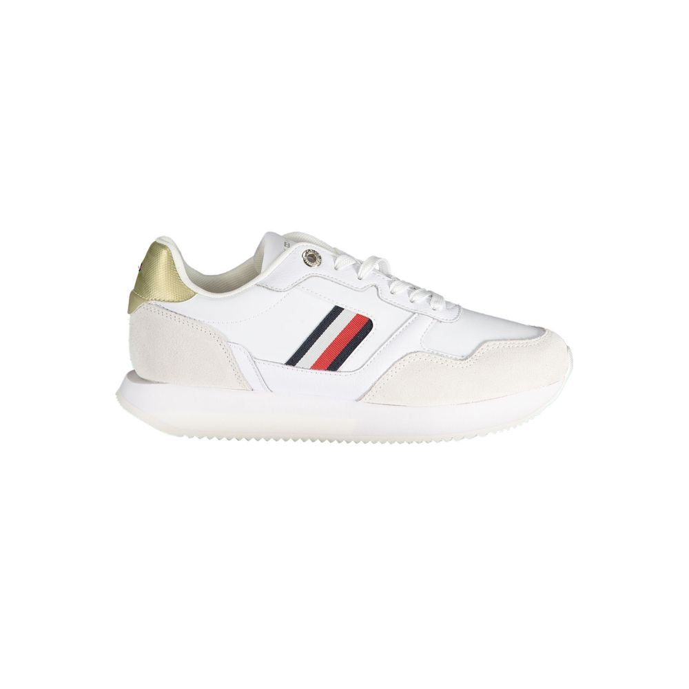 White sneaker with red and blue stripes on side