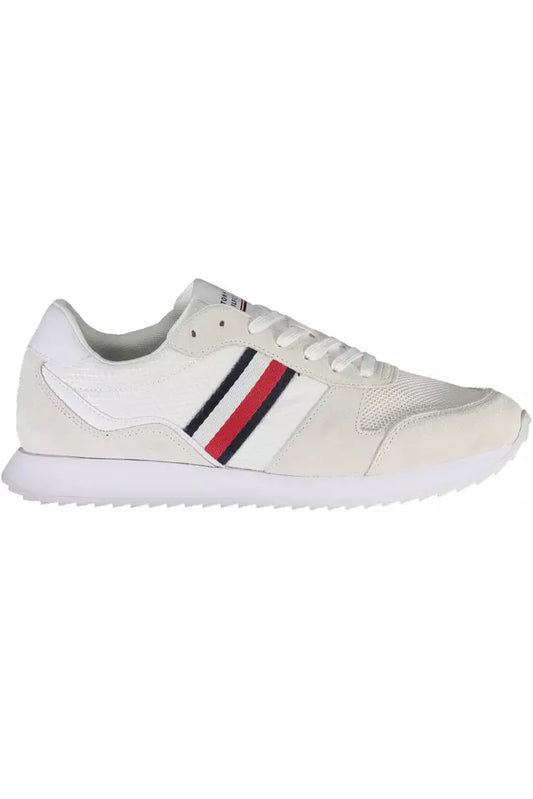 White sneaker with red stripes and white sole