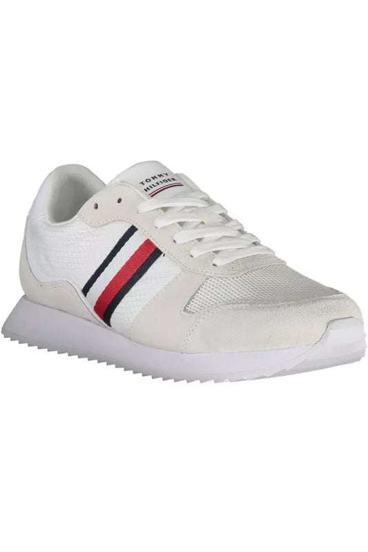 White sneaker with red stripes on side and sole