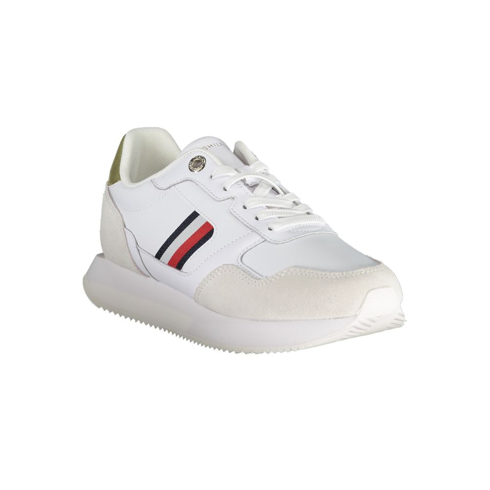 White sneaker with red stripes and a white sole