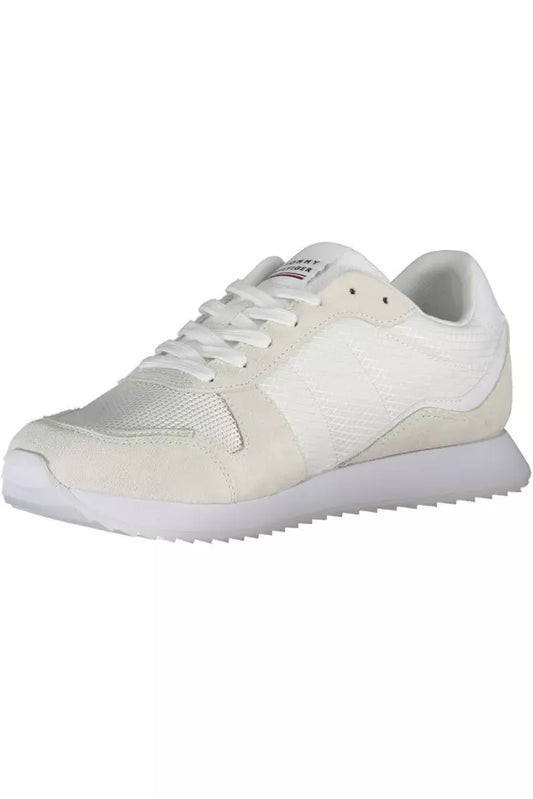 White sneakers with black laces and a logo on the side