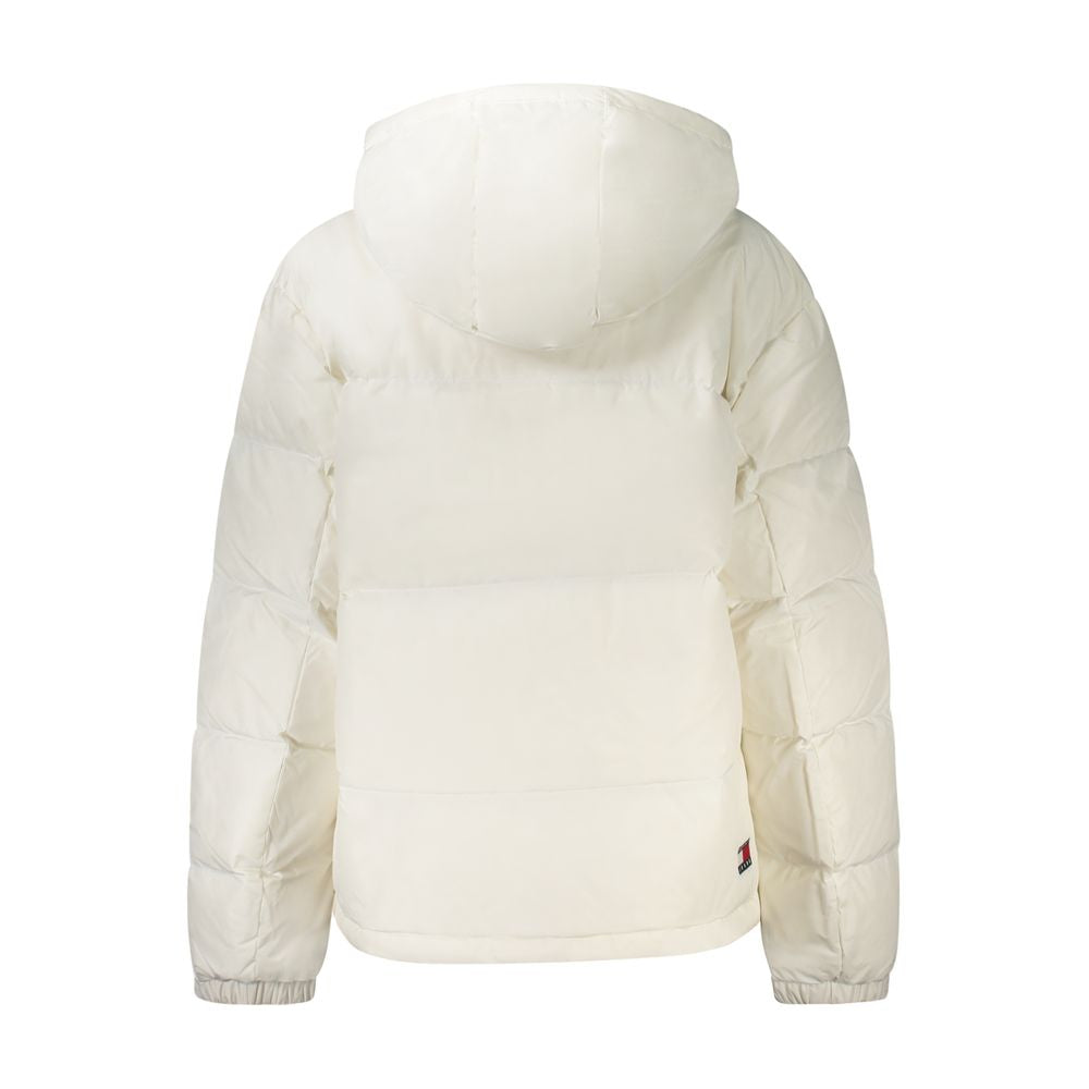 White puffy jacket with hood and pockets