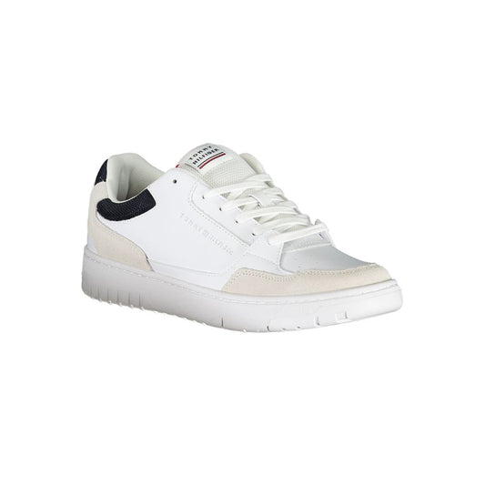 A white men's sneaker with a black logo on the side, featuring a lace-up closure and a flat sole