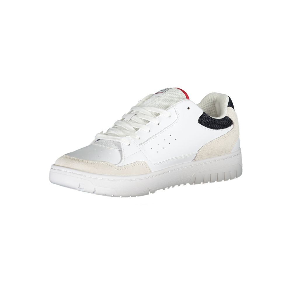 A white men's sneaker with a black logo on the side, featuring a lace-up closure and a flat sole