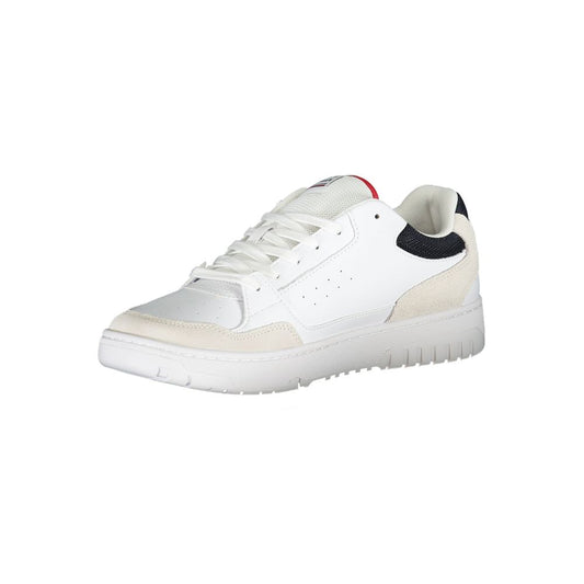 A white men's sneaker with a black logo on the side, featuring a lace-up closure and a flat sole