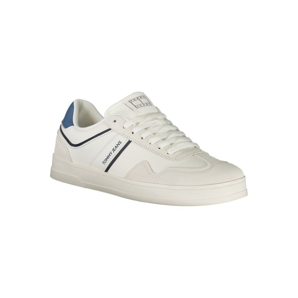 White sneaker with blue stripes and laces