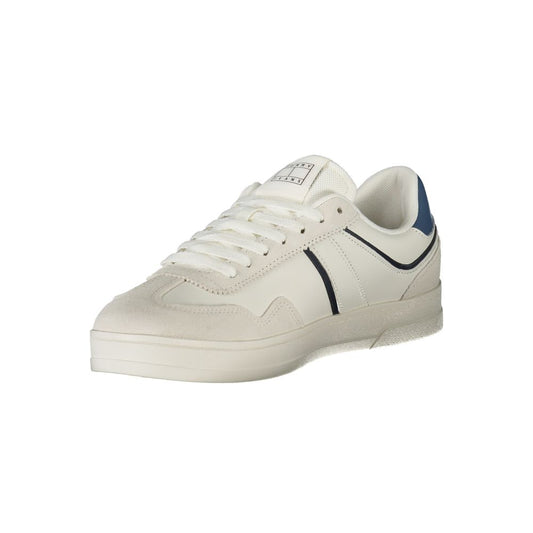 White sneaker with blue stripe and laces