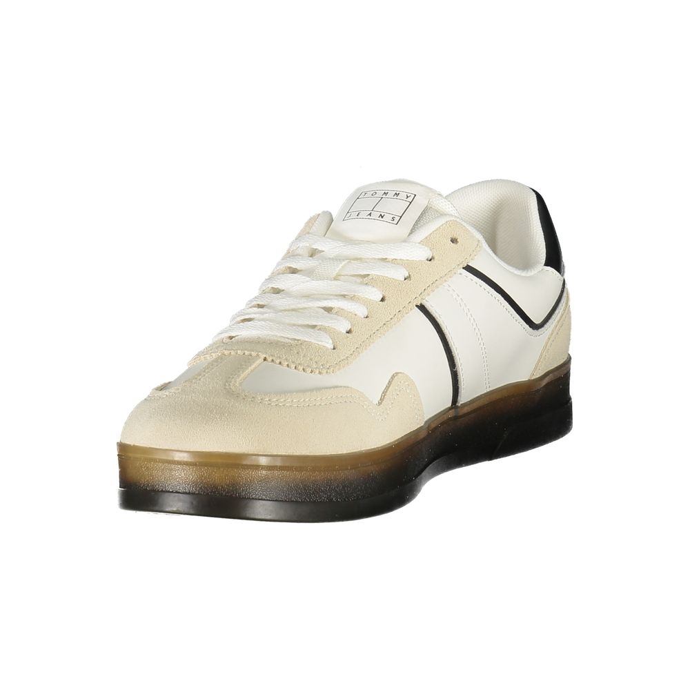 A white men's sneaker with black stripe, laces, and sole