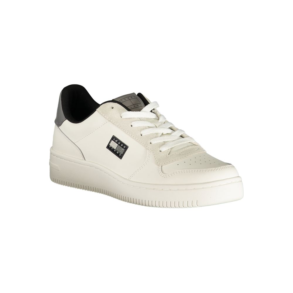 White polyurethane men's sneaker with black laces, logo on side, and white rubber sole