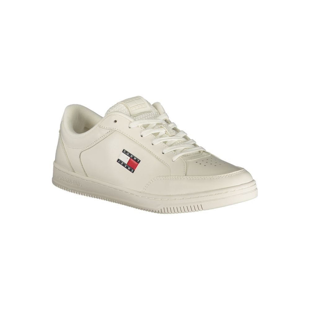 A white men's sneaker with a red logo on the side, featuring a polyurethane sole and laces