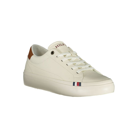 A white men's sneaker with a red logo on the side, featuring a lace-up design and a flat sole