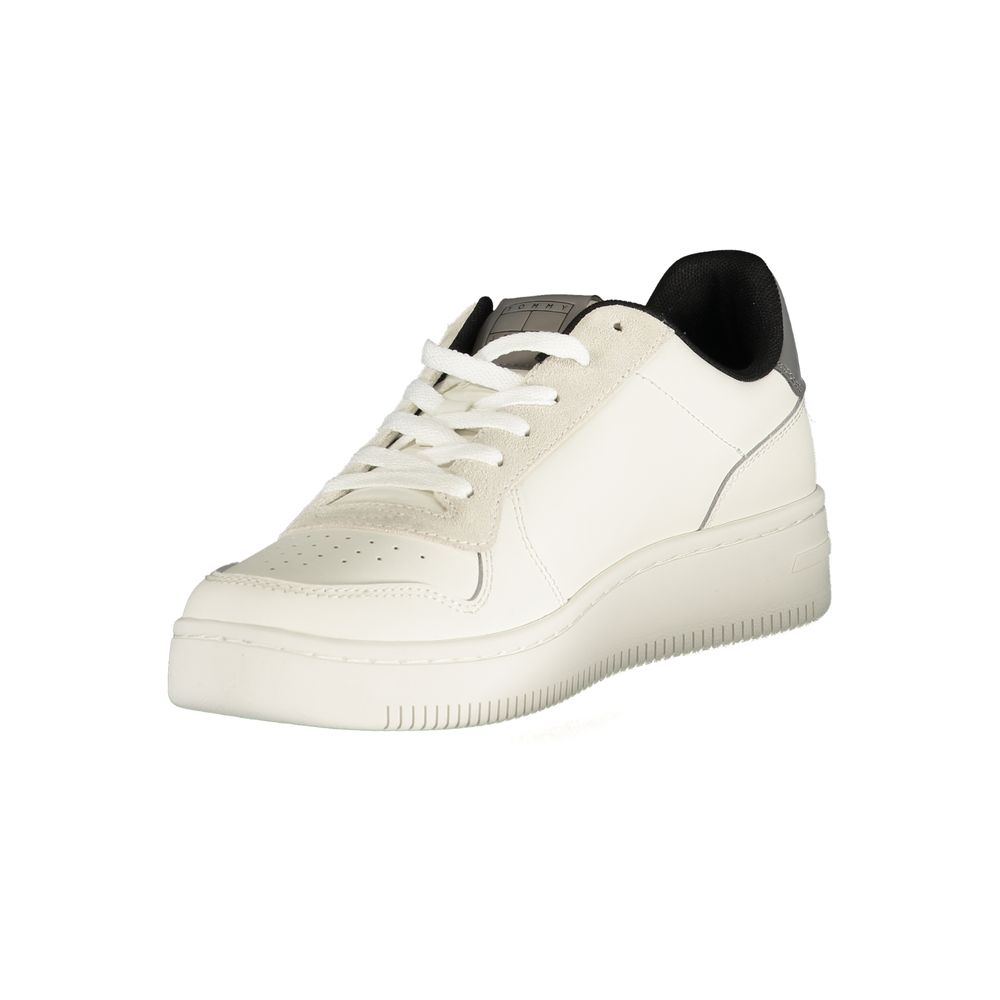 A white men's sneaker with a black lace, featuring a low top and a flat sole