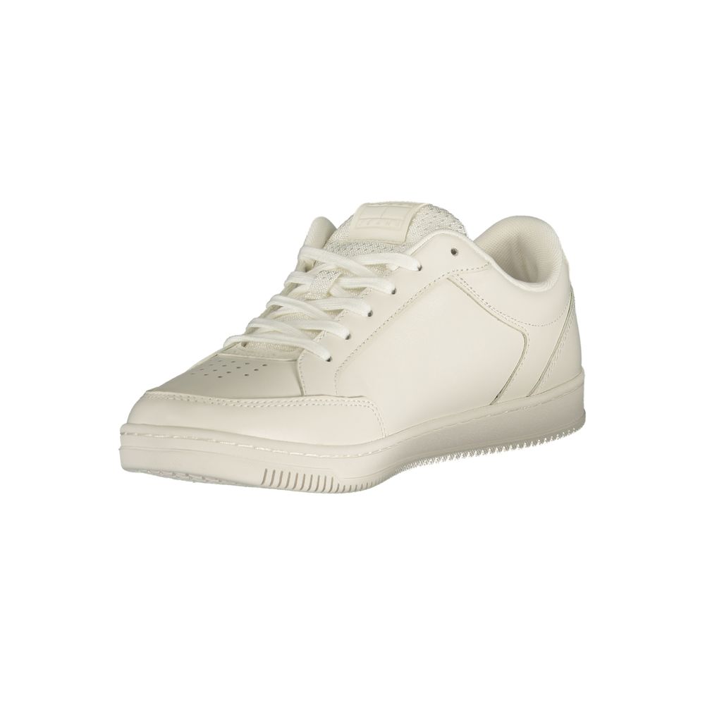 A white men's sneaker with a lace-up front, featuring a low top and a flat sole