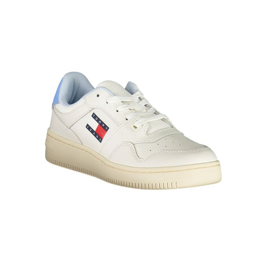 White sneaker with blue laces and red logo on side