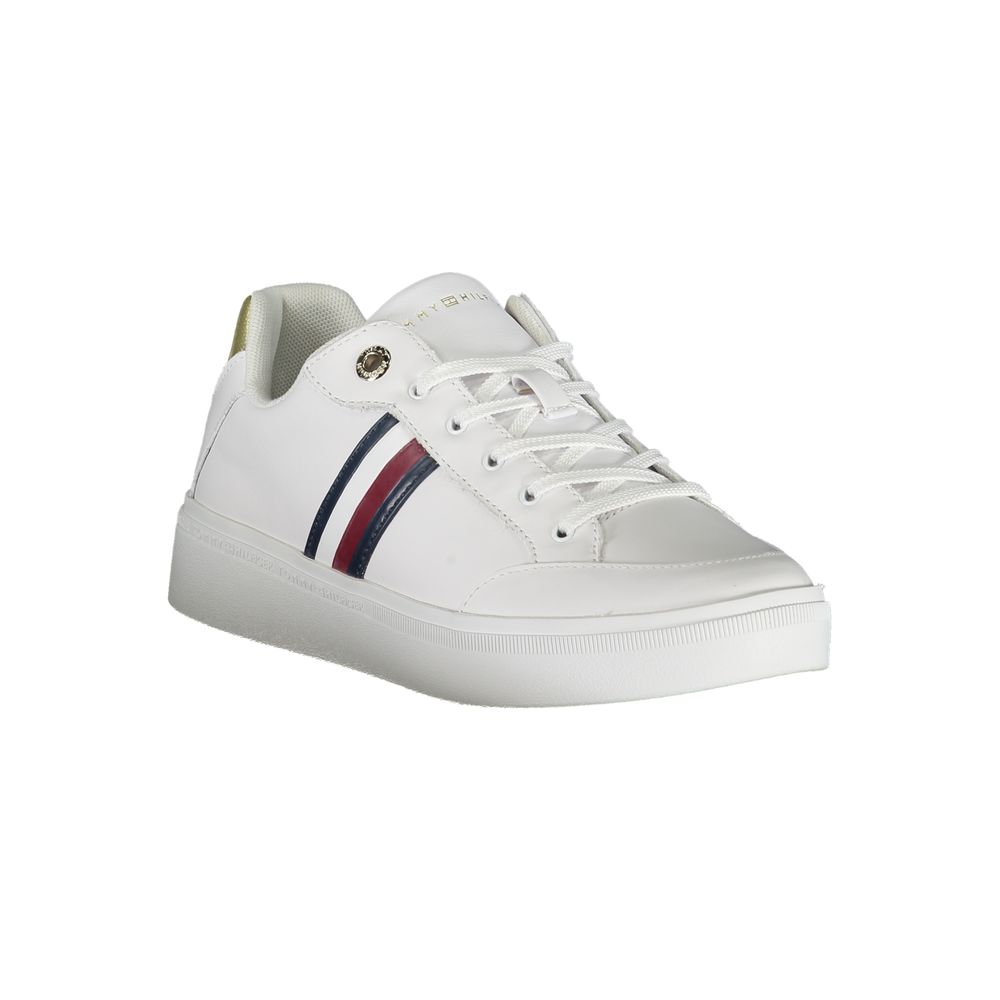 White sneaker with red and blue stripes on side panels