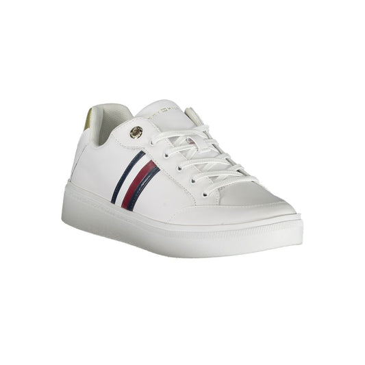 White sneaker with red and blue stripes on side panels