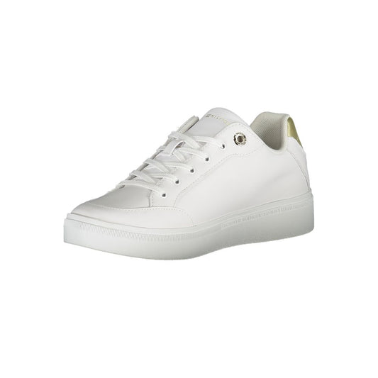 White sneaker with white laces and a gold logo on the side