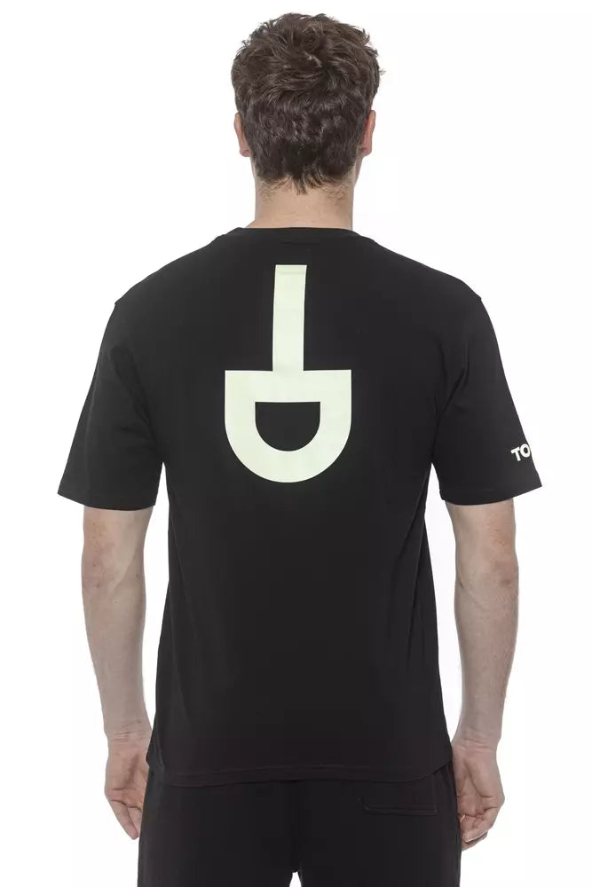 Black t-shirt with white logo on back