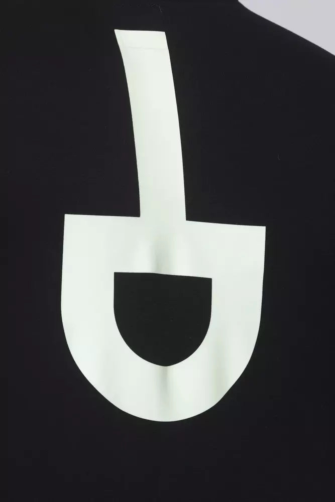 Black t-shirt with white logo on front