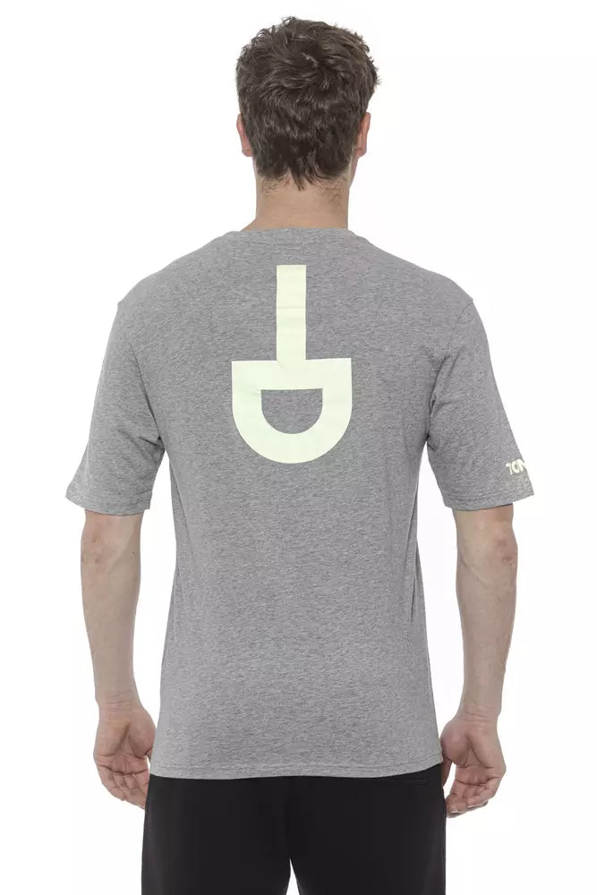 Grey t-shirt with white logo on back