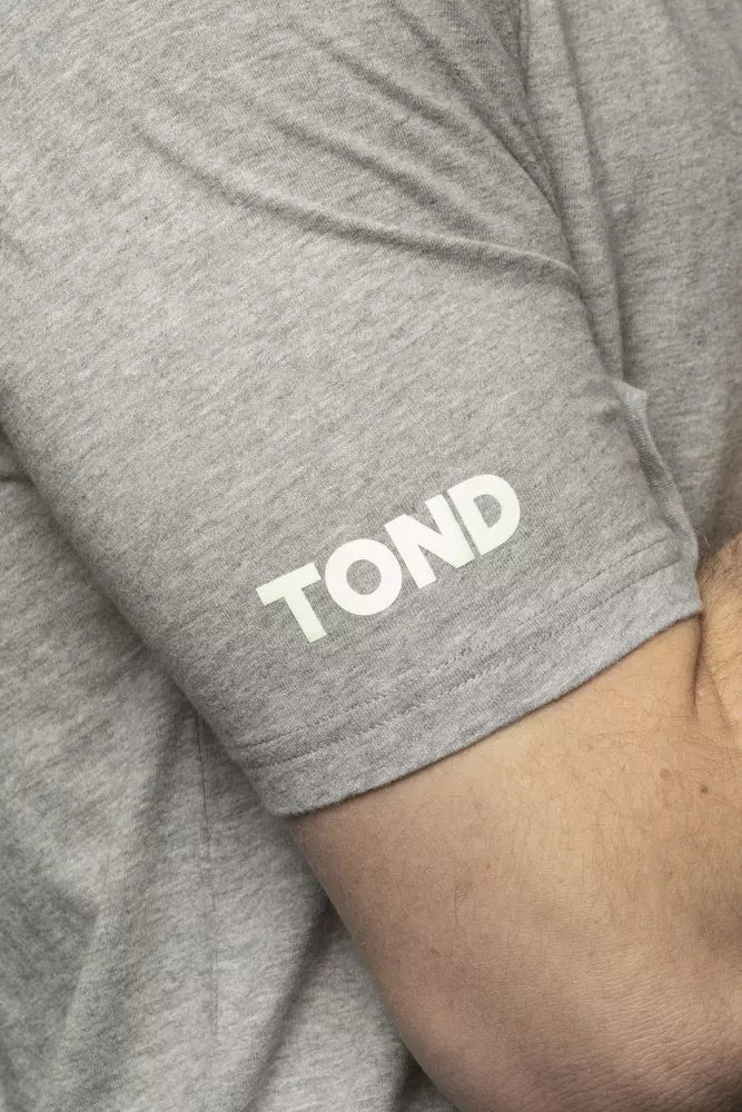Grey t-shirt with white logo on sleeve