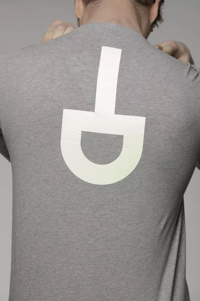 Grey t-shirt with white logo on back