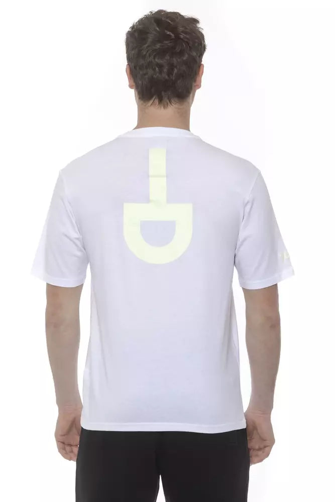 White t-shirt with yellow logo on back