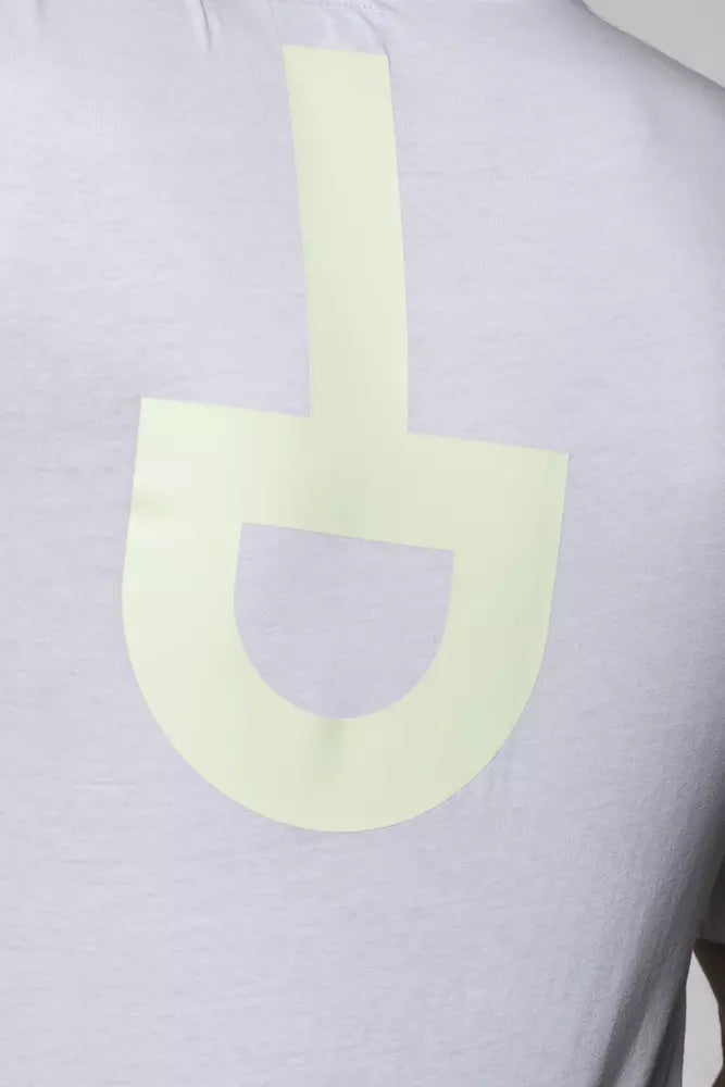 White t-shirt with a yellow logo on back