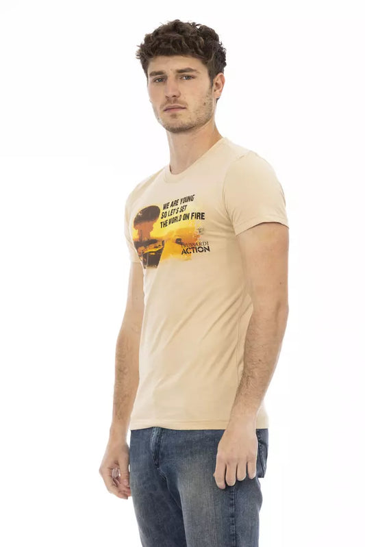 A beige cotton men's t-shirt with a graphic print on the front